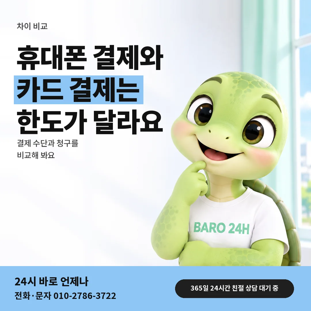 BARO 24H 티셔츠를 입은 3D 거북이 캐릭터 옆에 「카드깡과 매입의 차이」 제목을 얹은 안내 카드